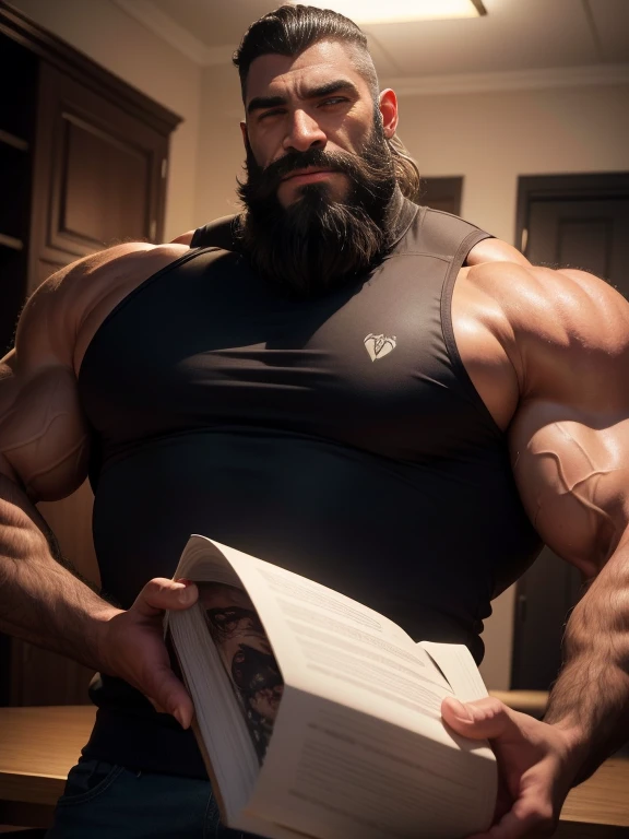 Muscular old security guard with open mouth and long greying hair,JP, ((very dark skin)), (black skin), He wears a long-sleeved turtleneck sweater,He had sad eyes in his eyes,Grievanced frown, blue charming eyes,Tall and burly,musculous!Tall, Burly and strong, Extremely detailed depiction of faces,Exquisite facial features,super gain and cool, commission for high resolution, Attractive strong men,Luxurious warmth in burgundy tones,He was in the luxurious living room, Old man, JP, An award-winning original photo, ( brown skin color), long gray hair, full white beard, A wild muscular old man, (80 years old daddy:1.1), 1boy, Solo, (tanktop), (big shoulders), musculature, stubbles, dark skin, long grey hair, thick grey beard, Detailed face, (evil smile), blue eyes, veins, wrinkles, big old man nose, nose with pronounced bridge and outward curve that protrudes from the base of the nose, dark olive skin color, brown skin, veins, absurdly huge nose, hawk nose, convex nose, well groomed moustache, (flexing his biceps), Dynamic Angle, volumetric lighting, (Best quality, A high resolution, Photorealistic), Cinematic lighting, Masterpiece, RAW photo, Intricate details, hdr, upper body shot