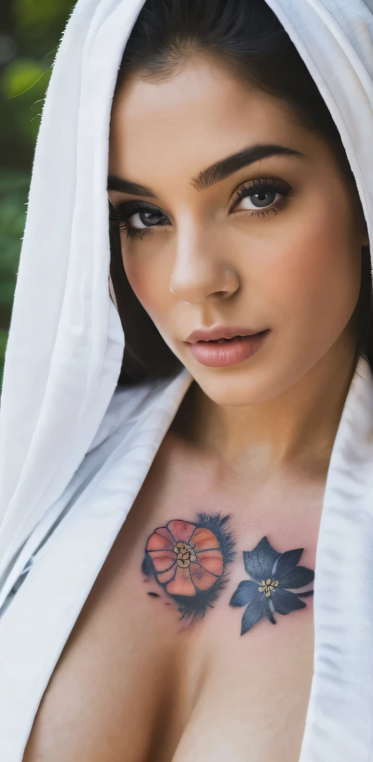 best quality, hyperdetailed photography:1.2), beautiful lady,, soft light, massive perfect snoopy breast,head and breast portrait, cover, (detailed beautiful face, detail skin texture, ultra-detailed body:1.1) sexy vampire girl,, ((flower tattoo)),,, white robe