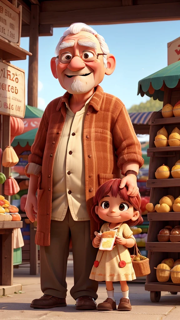 An image of a tired and hungry old man approaching Rina at the market, while Rina smiles warmly and offers him a cake.
