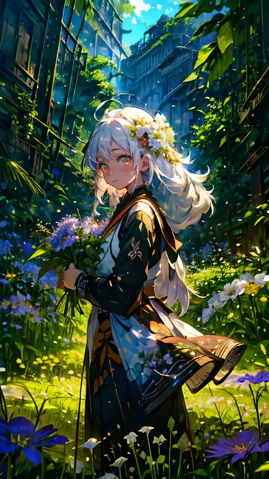 (Mastepiece), (Best Quality), Very detailed, 1 girl, (Solo Shooting:1.4), Perfect Face, beautiful girl, Very detailedな顔，(Long white hair:1.5)，(Green Eyes:1.4)，(Lots of butterflies々:1.2)、bird、(Abandoned City、Plants、Flower Field:1.4)、(Lots of petals:1.3)、Fairy、mysterious、Fantasy、beautiful、beautiful、(Close your eyes and laugh:1.3)、(A big smile:1.4)、jump
