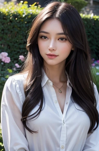 masterpiece,Digital SLR photography,Analog Style,Nikon D5,Actual photo,20 year old beautiful woman photo,Dramatic lighting (85mm),Blooming garden in the background,(Detailed facial features),(Fine and shiny eyes),Dynamic Angle,Michelangelo Style,Long Hair,White button-up shirt,smile:1.4,