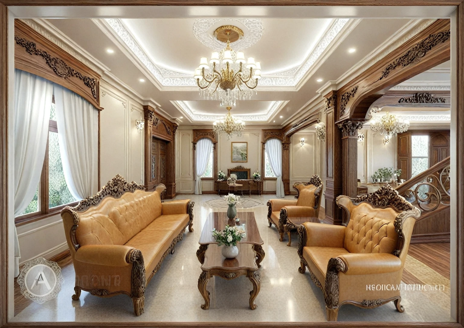 RAW photo, masterpiece, a view of a living room with a couch, chairs, and a chandelier, highly detailed interior, neo - classical style, neoclassical style, neoclassicism style, interior architect architectural visualization, neoclassical style, in style of classicism, white light sun, rendered in vray, rendered in v-ray, rendered in unreal engine 3d, (photorealistic:1.2), (photorealistic:1.5), best quality, ultra high res, architechture, (leather sofa detail:1.5), neoclassic house, (detailed railing neoclassic:1.5), luxury neoclassical villa, (mable floor details:1.5), (detailed neoclassical carpet:1.5), in the style of neoclassical scene, glass windows, best quality, (Intricate lines:1.5), ((Photorealism:1.5)),(((hyper detail:1.5))), archdaily, award winning design, (dynamic light:1.3), (day light:1.2), (perfect light:1.3), (shimering light :1.4), refection glass windows, (curved line architecture arch:1.2), photorealistic, FKAA, TXAA, RTX, SSAO, Post Processing, Post-Production, CGI, VFX, SFX, Full color,((Unreal Engine 5)), Canon EOS R5 Camera + Lens RF 45MP full-frame CMOS sensor, HDR, Realistic, Cinematic intricate detail, extreme detail, science, hyper-detail, FKAA, super detail, super realistic, crazy detail, intricate detail, nice color grading, reflected light on glass, eye-catching wall lights, unreal engine 5, octane render, cinematic, trending on artstation, High-fidelity, Viwvid, Crisp, Sharp, Bright, Stunning, ((Lifelike)), Natural, ((Eye-catching)), Illuminating, Flawless, High-quality,Sharp edge rendering, medium soft lighting, photographic render, detailed archviz, ((( Pachyloba, Doussie, Afzelia. brown wooden : 1.7 )))
