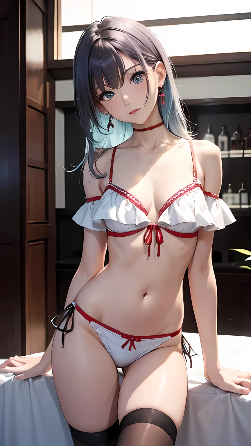 masterpiece,Ultra-high resolution、Highest quality、Hotel Bar、Sexy pose、Light blue hair、Long Hair:1.2, Blue eyes, Sexy look、Tilt your head、Big earrings:1.5、Model standing、Small breasts、the body is slim、Tight waist、Spread your legs,Cowboy Shot、White ruffled off-shoulder bikini、Red hip hang mini bikini skirt、We get a glimpse of her pink tartan panties.、Black thighhighs、Underwear Focus