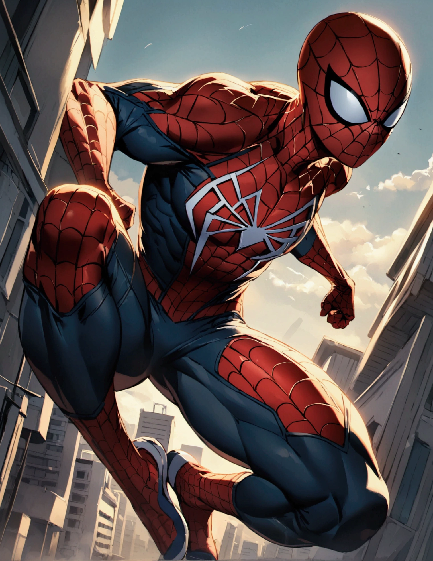 The Incredible Spiderman swinging between buildings in Bangkok, viewed from a low angle
