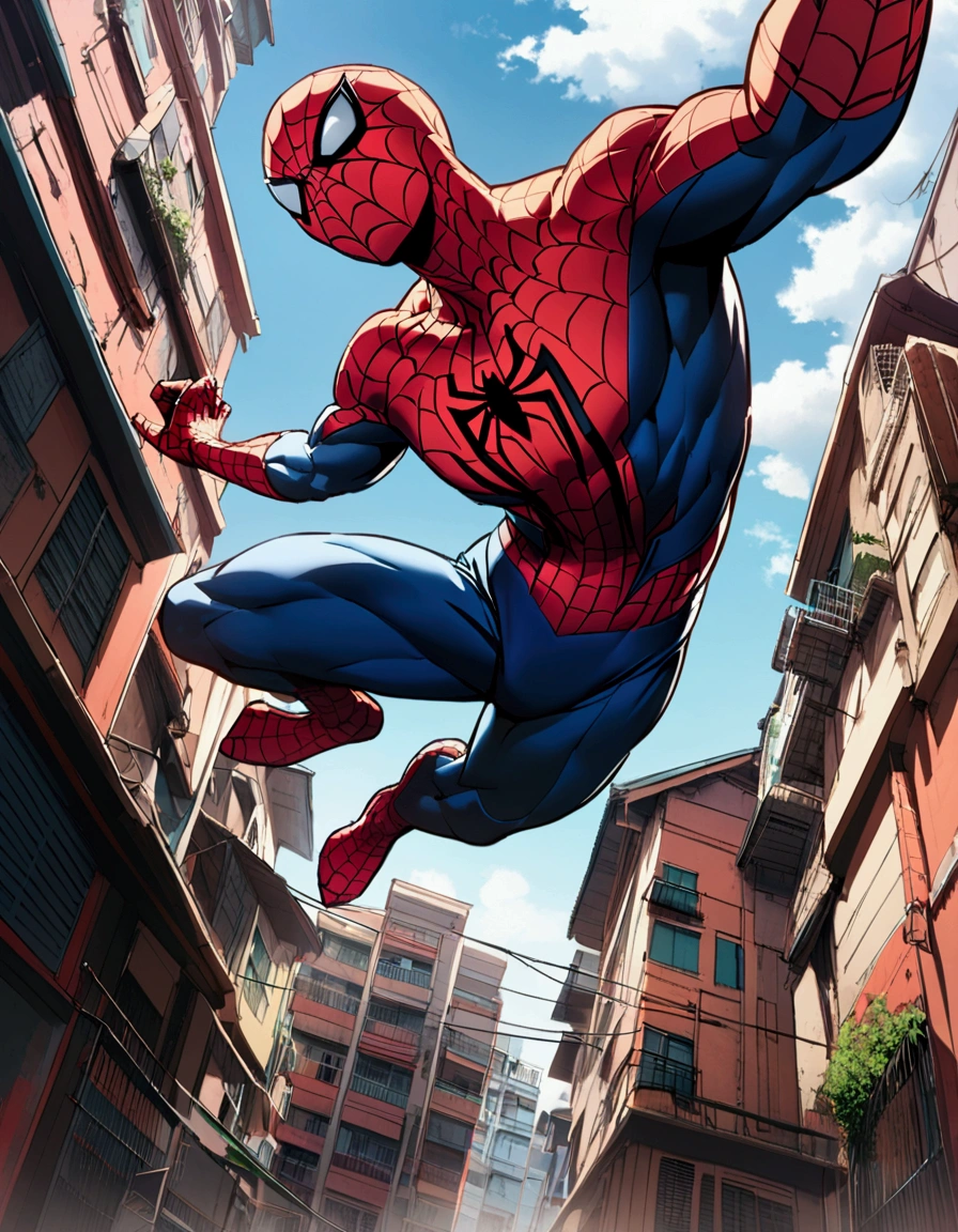 The Incredible Spiderman swinging between buildings in Bangkok, viewed from a low angle