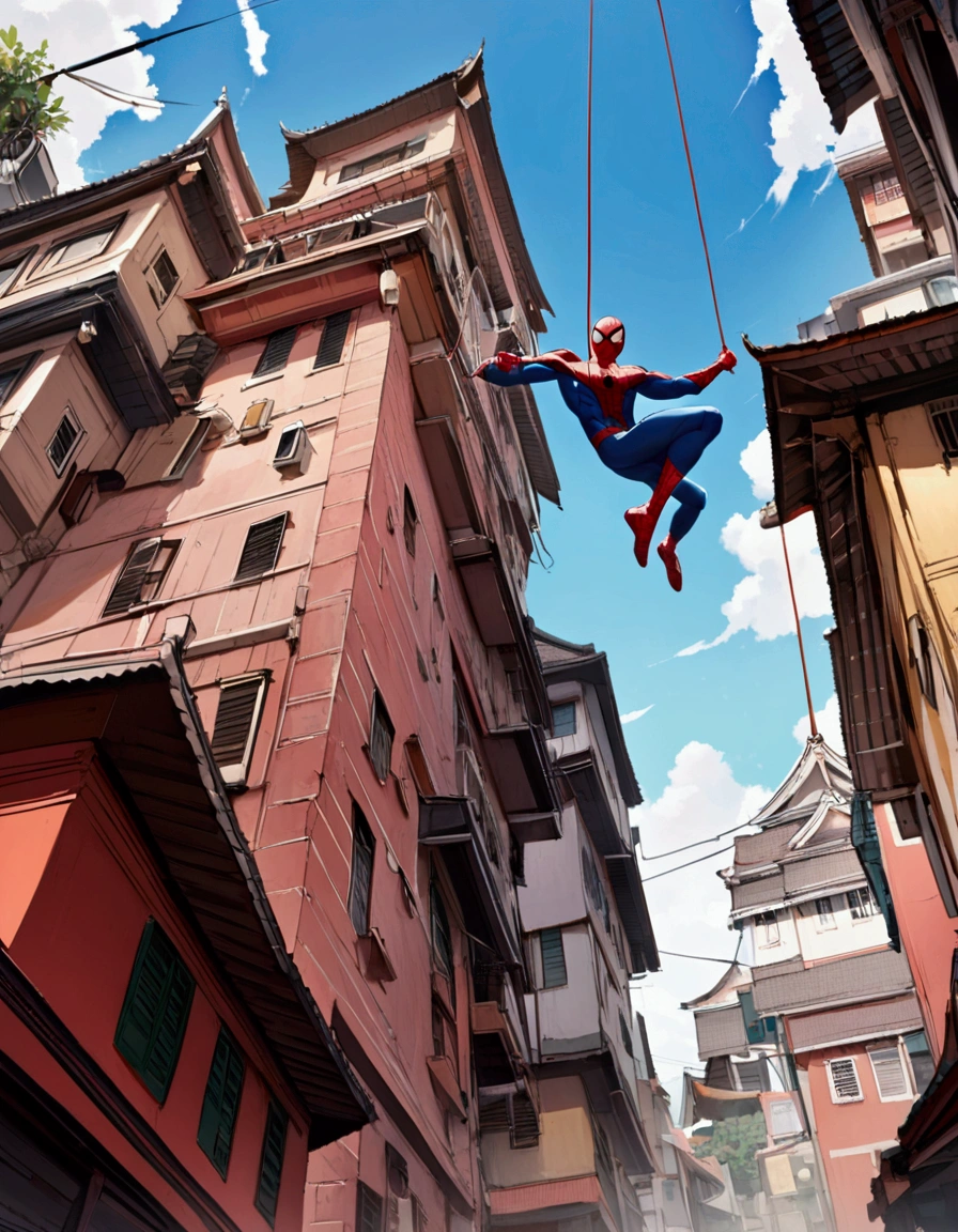 The Incredible Spiderman swinging between buildings in Bangkok, viewed from a low angle
