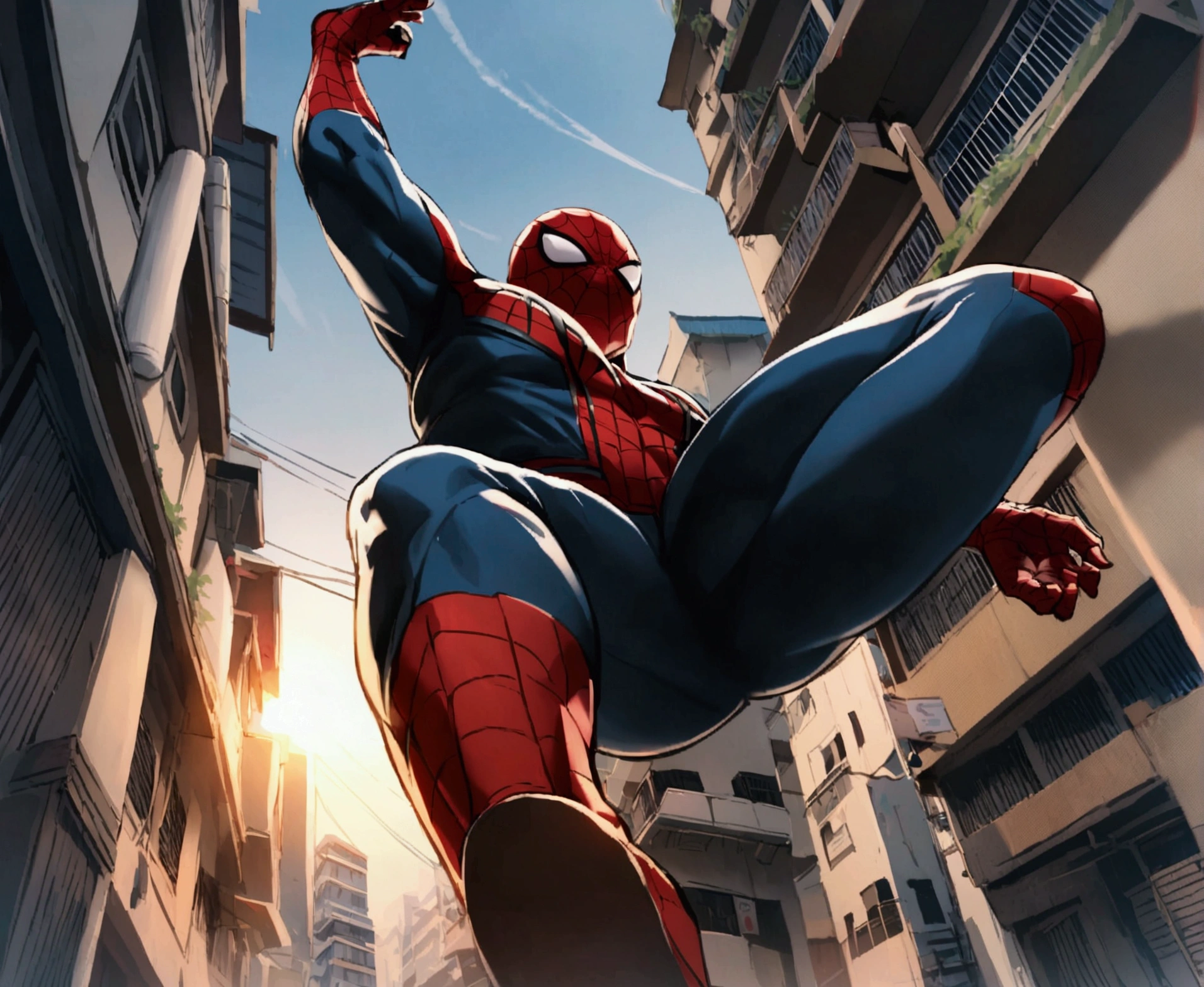 The Incredible Spiderman swinging between buildings in Bangkok, viewed from a low angle