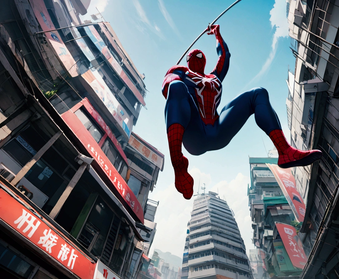 The Incredible Spiderman swinging between buildings in Bangkok, viewed from a low angle
