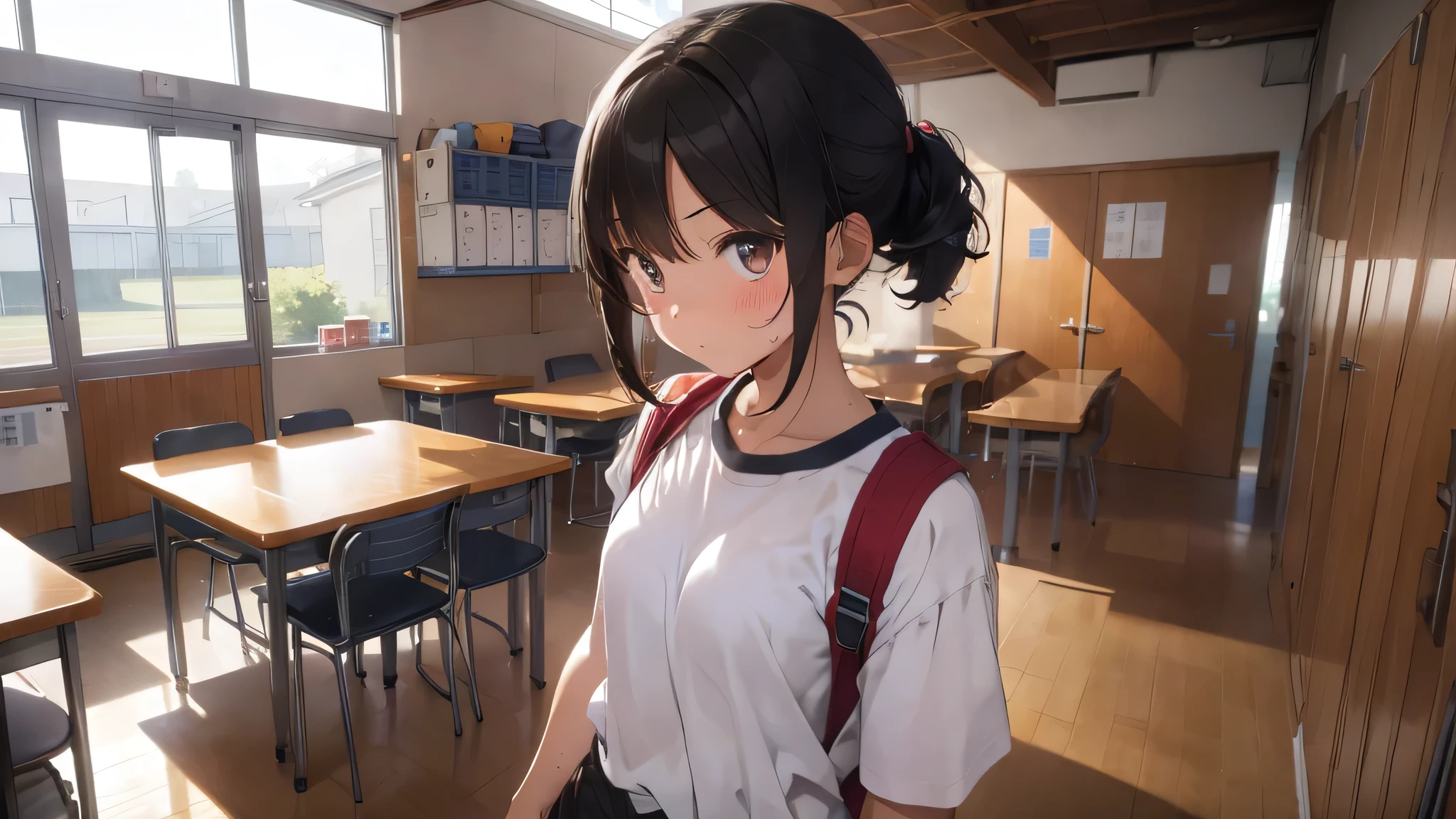 Best god quality, SOLO, solo girl, detailed, a highschool locker room, Japanese foot lockers, Japanese school, (((SOLO))), (single girl standing in middle) 1girl, tomboy, short hair, black hair, bright eyes, eyelashes, sweating, athletic outfit, running shorts, athletic spats, standing, looking at viewer, facing viewer, annoyed, blushing, hands in pockets, indoors