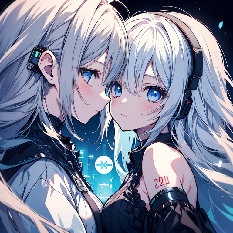 2 girls、Two Girls、Gazing at each other、Face to face、Mature、Ample breasts、Long Hair、White Hair、Blue Eyes、蝶のheadphone、headphone、Holding each other's hands、Vocaloid、magnet、Bust-up perspective、Shoulder Bare、Black Dress、High resolution、Highest quality、Movie lighting