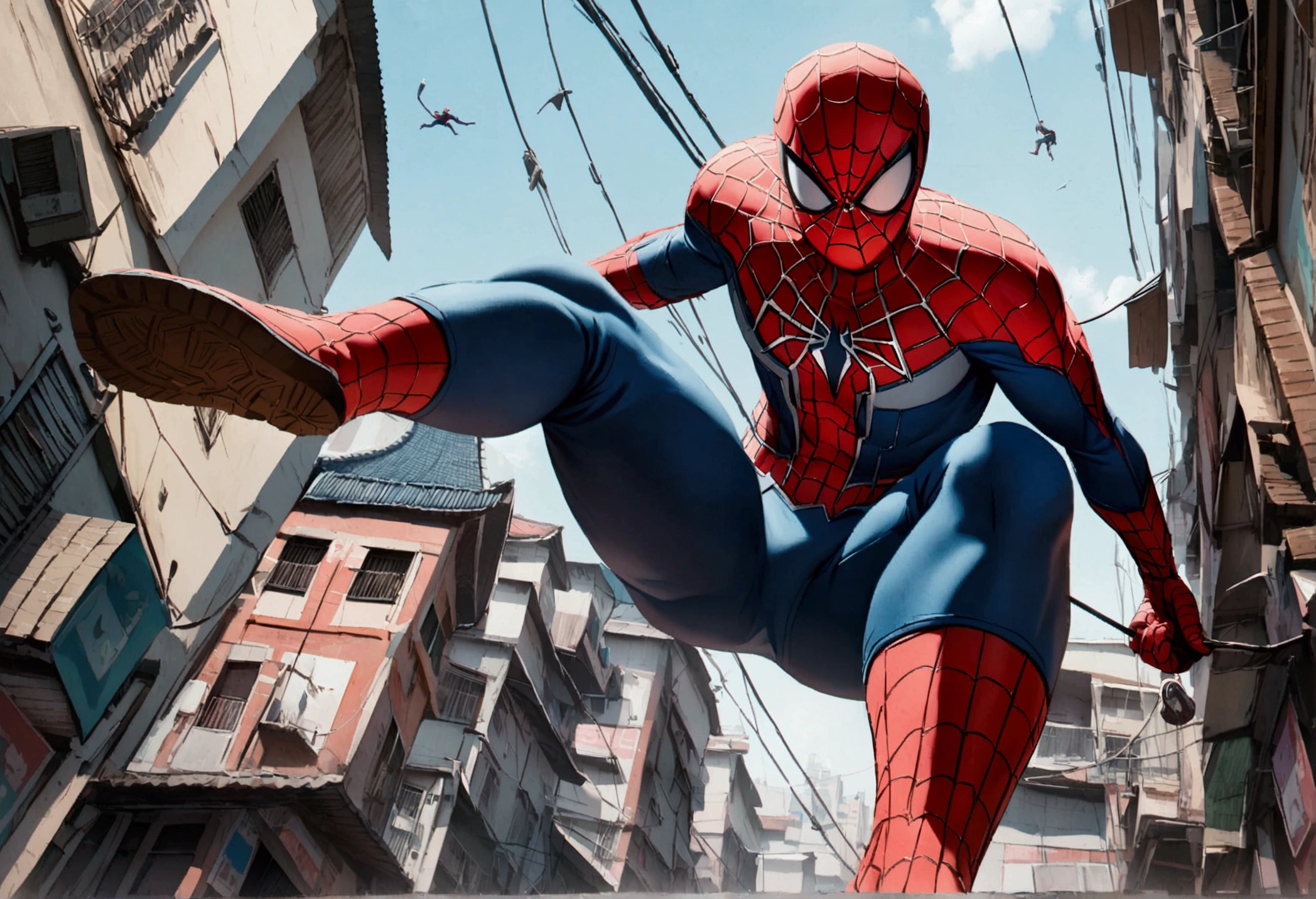 The Incredible Spiderman swinging between buildings in Bangkok, viewed from a low angle