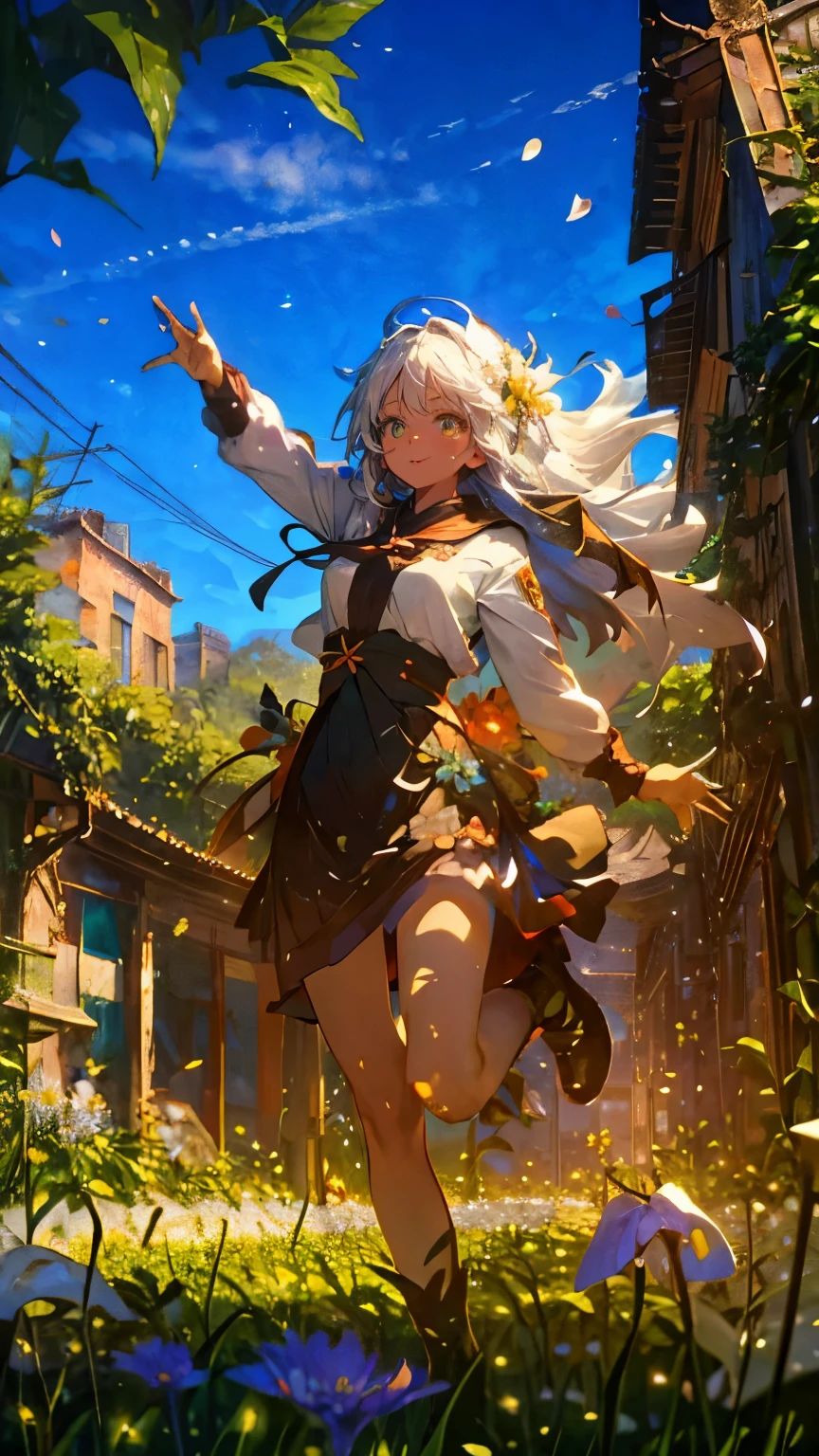 (Mastepiece), (Best Quality), Very detailed, 1 girl, (Solo Shooting:1.4), Perfect Face, beautiful girl, Very detailedな顔，(Long white hair:1.5)，(Green Eyes:1.4)，(Lots of butterflies々:1.2)、bird、(Abandoned City、Plants、Flower Field:1.4)、(Lots of petals:1.3)、Fairy、mysterious、Fantasy、beautiful、beautiful、(Close your eyes and laugh:1.3)、(A big smile:1.4)、jump