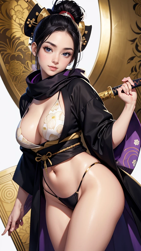 master piece,　best quality,　ultra detailed,　photorealistic,　voluptuous,　****ung girl,　fair skin,　pale skin,　long hair,　black hair,　smile,　mega breasts,　gorgeous bluck kimono,　cowboy shot,　looking up,　white background,　A gorgeous black and gold patterned kimono：1.2,　No exposed skin、Wearing a long purple scarf、Holding a Japanese sword、samurai、Black hakama、Thick eyebrows、Slender and narrow eyes、