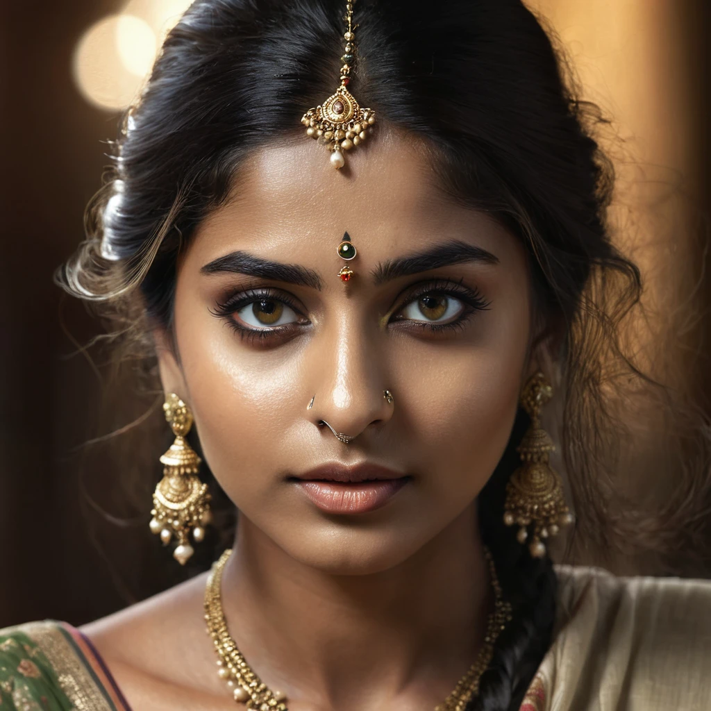 a beautiful mysterious indian woman, intricate detailed face, piercing eyes, long eyelashes, delicate skin, natural beauty, flowing hair, candid elegant pose, dramatic lighting, cinematic mood, muted color palette, chiaroscuro lighting, high quality, photorealistic, 8k, intricate details, professional rendering