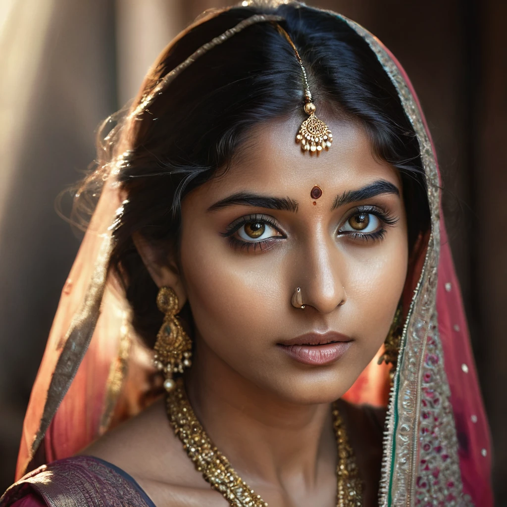 a beautiful mysterious indian woman, intricate detailed face, piercing eyes, long eyelashes, delicate skin, natural beauty, flowing hair, candid elegant pose, dramatic lighting, cinematic mood, muted color palette, chiaroscuro lighting, high quality, photorealistic, 8k, intricate details, professional rendering