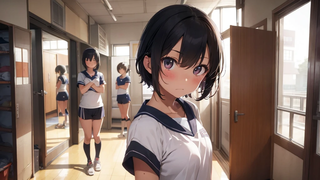 Best god quality, SOLO, solo girl, detailed, a highschool locker room, Japanese foot lockers, Japanese school, (((SOLO))), (single girl standing in middle) 1girl, tomboy, short hair, black hair, bright eyes, eyelashes, sweating, athletic outfit, running shorts, athletic spats, standing, looking at viewer, facing viewer, annoyed, blushing, hands in pockets, indoors