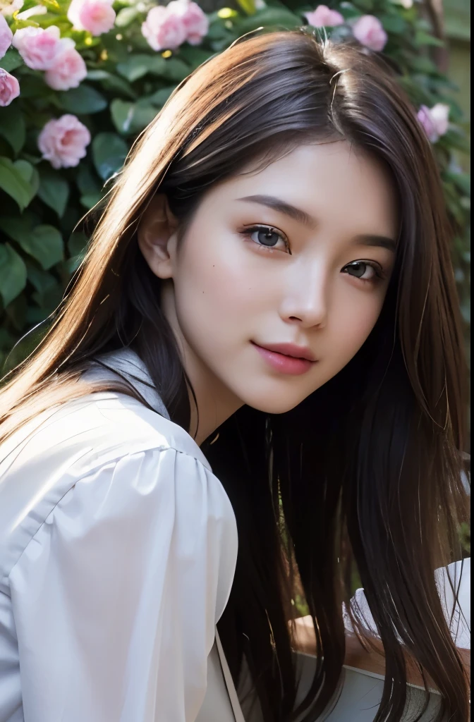 masterpiece,Digital SLR photography,Analog Style,Nikon D5,Actual photo,20 year old beautiful woman photo,Dramatic lighting (85mm),Blooming garden in the background,(Detailed facial features),(Fine and shiny eyes),Dynamic Angle,Michelangelo Style,Long Hair,White button-up shirt,smile:1.4,