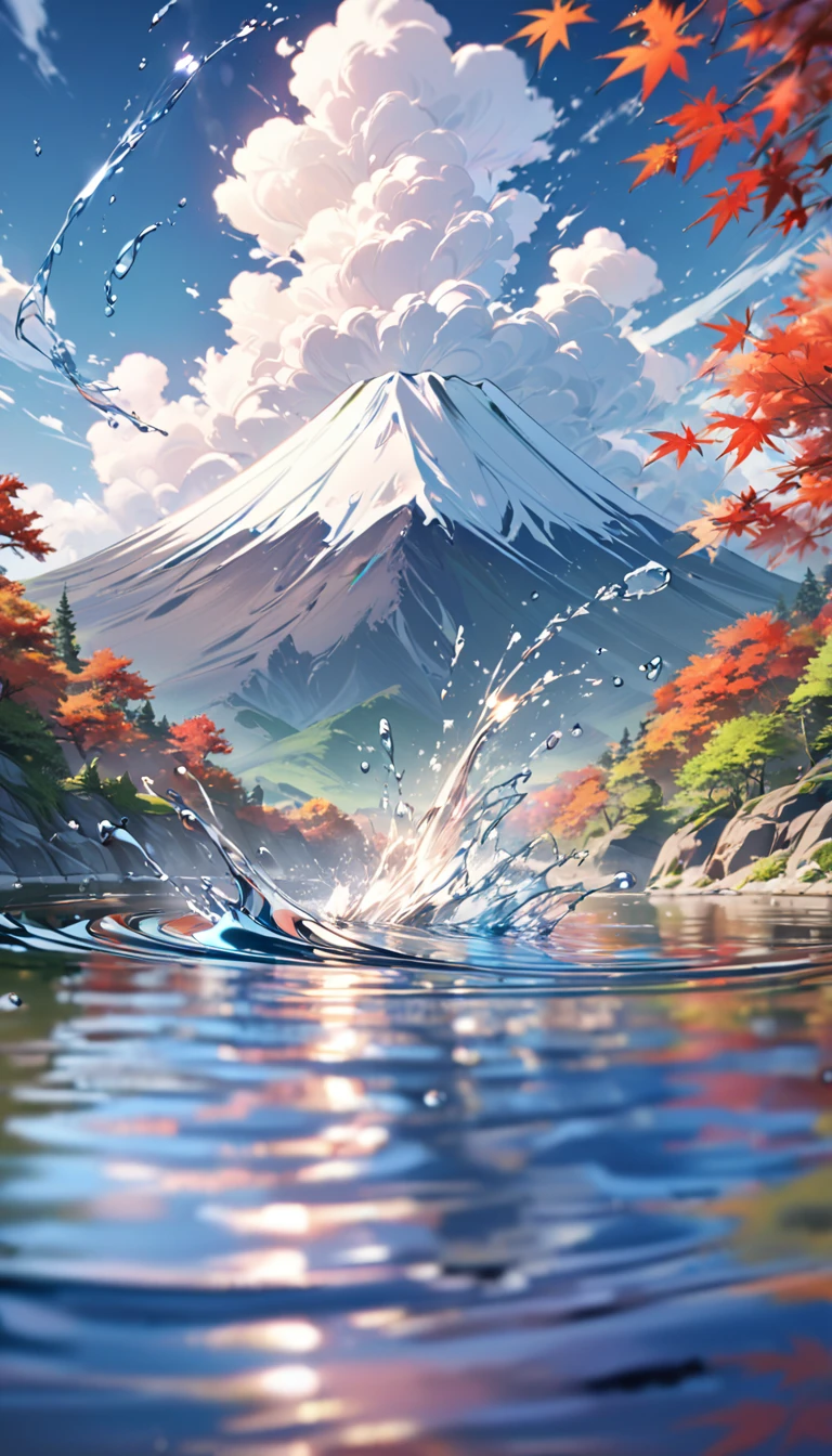A lush green forest with a rives in between,maple trees ,maple leaves in water ,rippleing effect,soft blur in river,wind ,clouds, masterpiece, 8k, High quality, high detailing, vibrant colours, professional colour grading, majestic clouds, beautiful water,sense of motion, splashing water,water droplets ,mt.fuji
