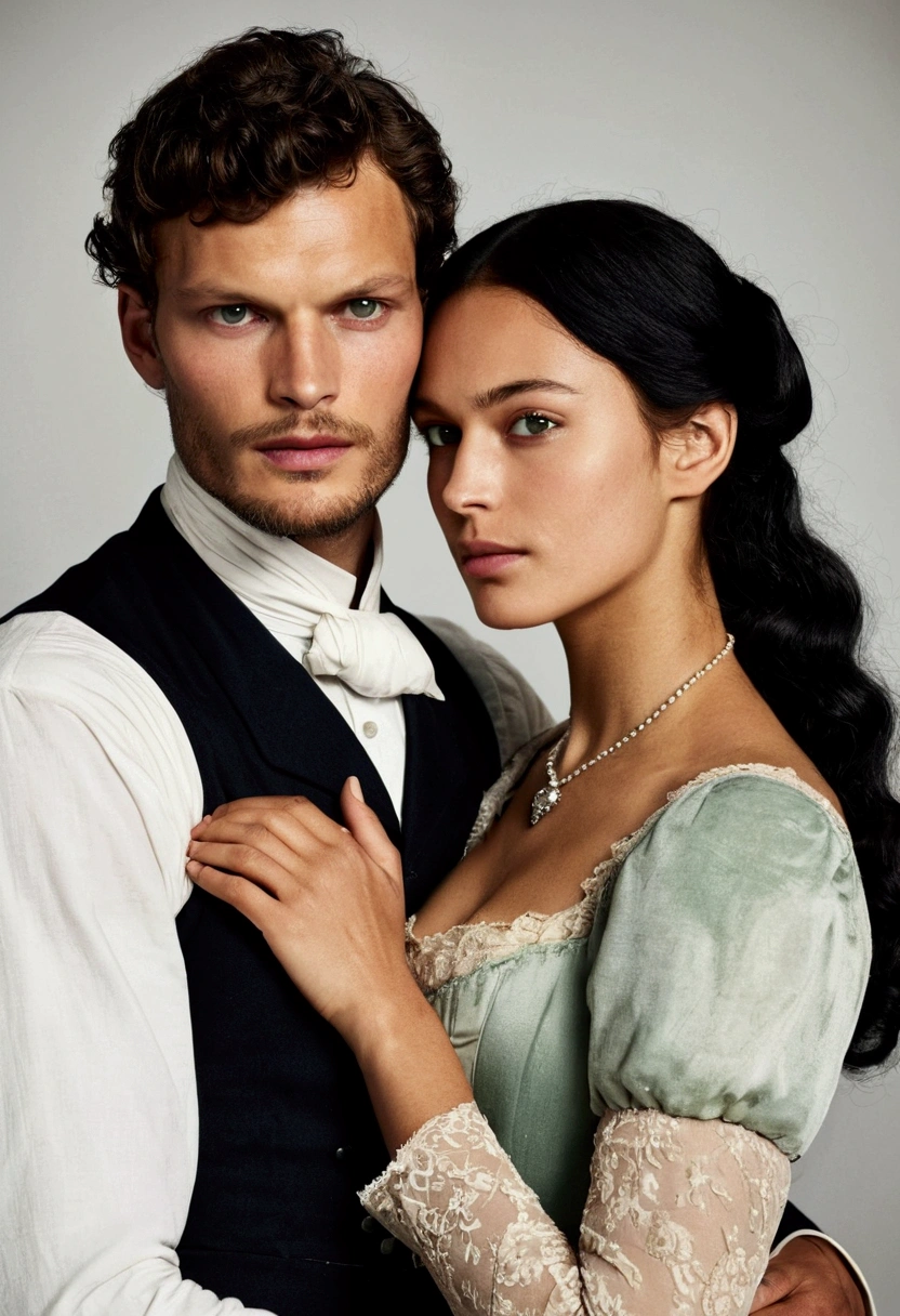 Victorian couple from 1847 where they are embracing. She has tan skin, very beautiful 23 years old, green eyes, straight black hair, Her breasts are big and she has a small waist, very beautiful with features like Irina Mendez.. And he is a 30 year old man., handsome with very white skin, gray eyes, He is a prince and his skin is perfect with Jamie Dornan features.. The two are dressed in Victorian-era clothing..