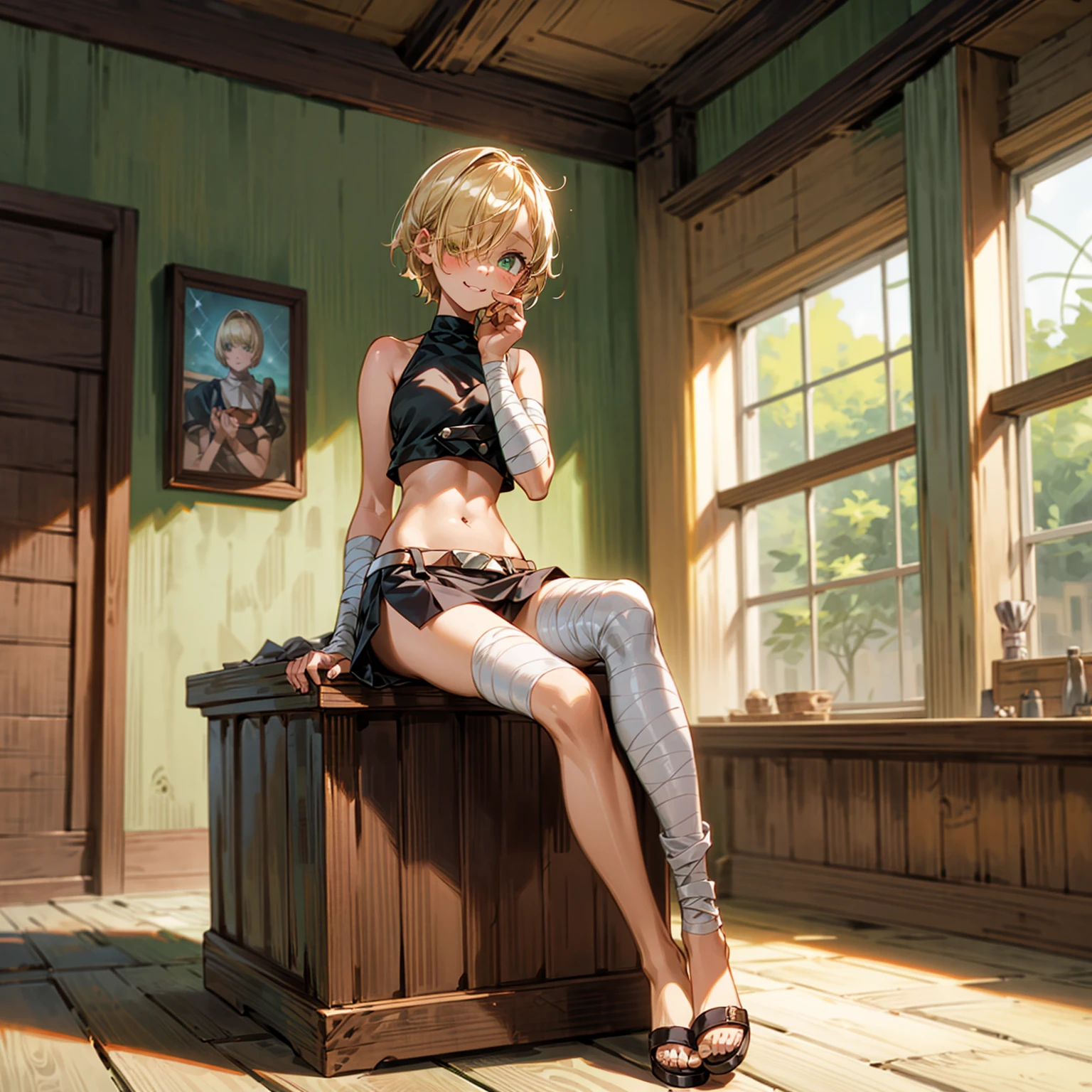 Solo character, full body version, baby kid girl, blonde hair, short haircut, one eye covered by hair, green eyes, cute face, sad eyes, smile mouth, black crop top, long white skirt sexy, bandage around the neck, bandage on the hand, sandals, indoor room bar, 