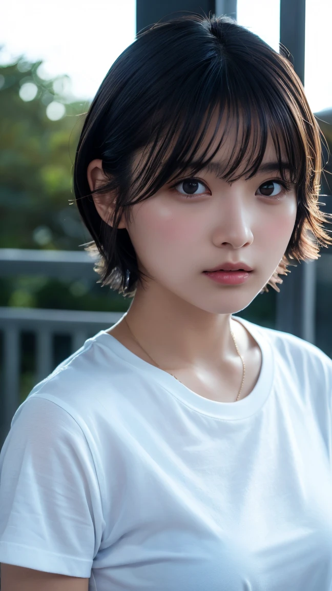 Highest quality, masterpiece, Ultra-high resolution, (Realistic:1.5), RAW Photos, 1 girl, White T-shirt, Simple Background, Deep Shadow, Inconspicuous key, Cold Light, Sexy look, short hair