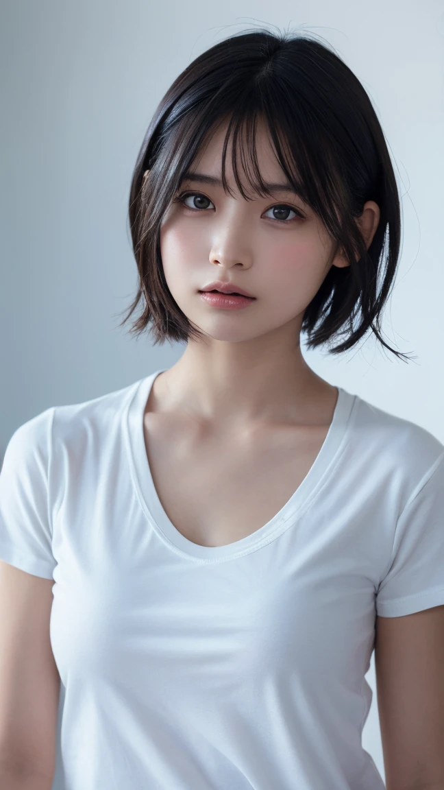 Highest quality, masterpiece, Ultra-high resolution, (Realistic:1.5), RAW Photos, 1 girl, White T-shirt, Simple Background, Deep Shadow, Inconspicuous key, Cold Light, Sexy look, short hair