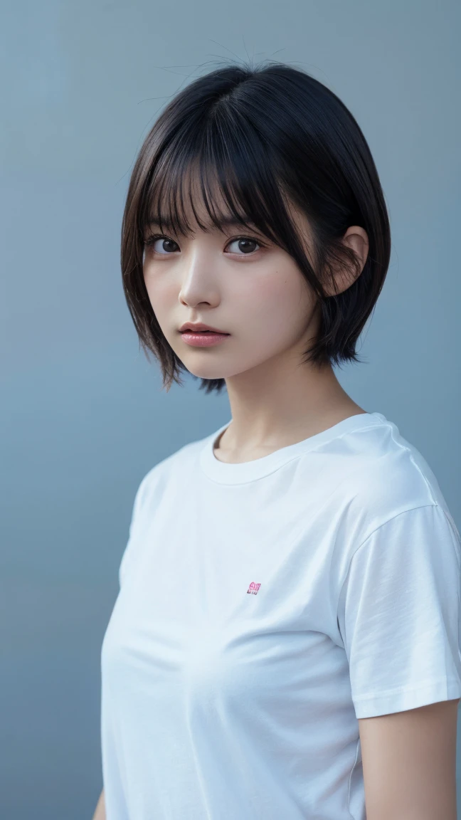 lens: 135mm f1.8,(Highest quality), (Beautiful 14 year old Japanese girl), (Moisturized lips), Narrow eyes, double eyelid,Delicate clavicle,Flat Chest,Very short hair,
(Let me me me'Let me me'Let me'Let's take another look), shame, A faint smile,
(In front of a white wall:1.2), Professional Lighting,
(Japanese 、White T-shirt), (Sunburned skin:0.2),Full body photo、Full Body Focus