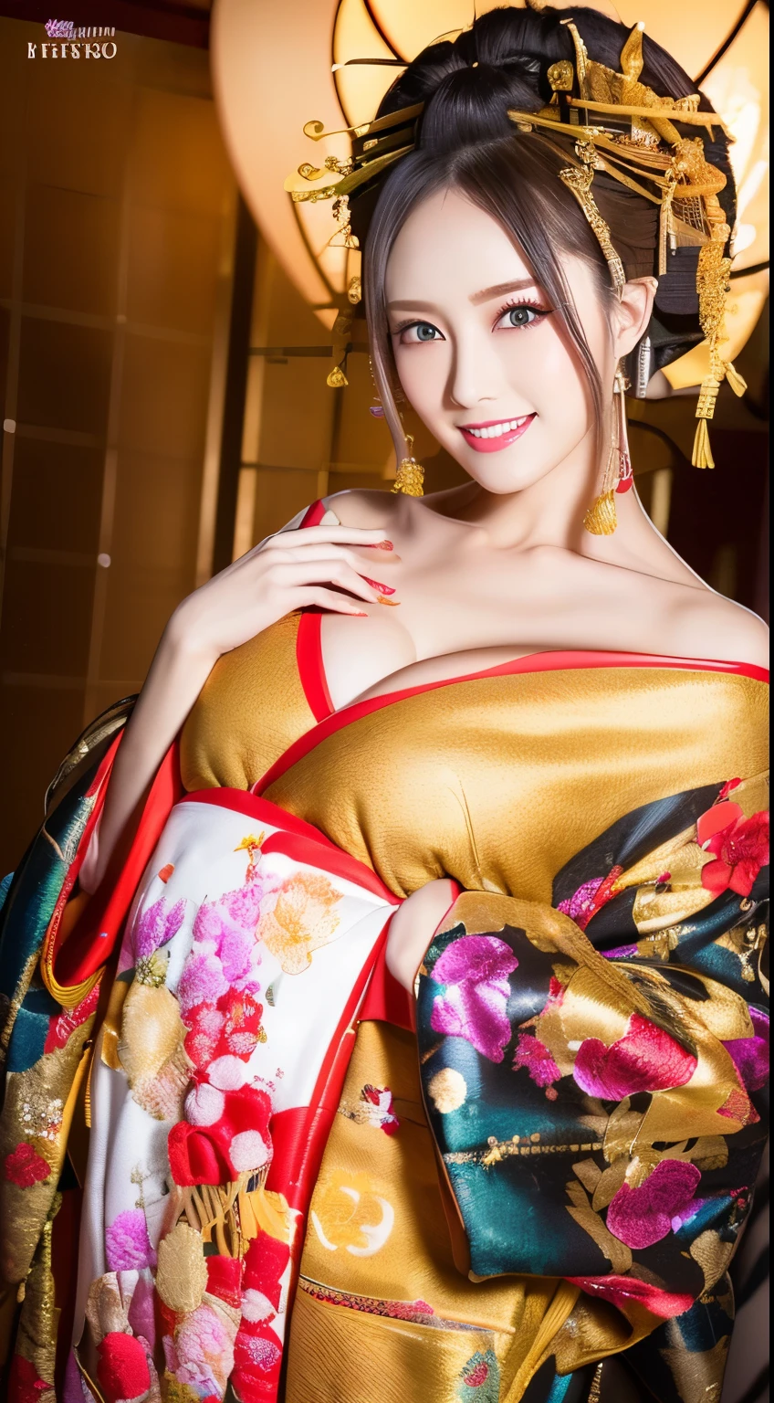 ((masterpiece(:1.4),Highest quality,Ultra-high resolution,Highest quality,8k,Extremely detailed,In detail))。night,Japanese,(A beautiful woman),glossy,slim,Large Breasts(1.6),sexy,glamorous,((Golden Ratio Style,Perfect Style)),Narrow waist,Flashy gal makeup,Japanese garden,Oiran,Prostitute,Sunny day outfit,Uchikake,Gold brocade,((A gorgeous kimono)),A cutting board belt tied in front,Hair tying,hairpin,hair ornaments,Gorgeous costumes,Beautiful standing posture,Presence,Exude sex appeal,looking at the camera,Show off your style,Big Breasts,