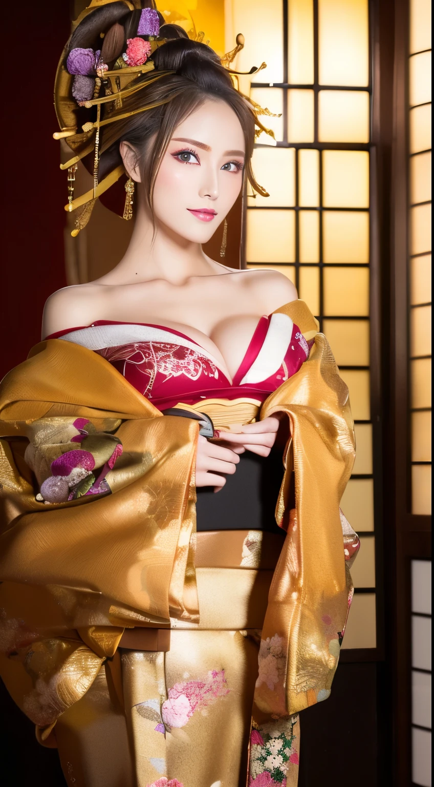 ((masterpiece(:1.4)，Highest quality，Ultra-high resolution，Highest quality，8k，Extremely detailed，In detail))。night，Japanese，(A beautiful woman)，glossy，slim，Large Breasts(1.6)，sexy，glamorous，((Golden Ratio Style，Perfect Style))，Narrow waist，Flashy gal makeup，Japanese garden，Oiran，Prostitute，Sunny day outfit，Uchikake，Gold brocade，((A gorgeous kimono))，A cutting board belt tied in front，Hair tying，hairpin，hair ornaments，Gorgeous costumes，Beautiful standing posture，Presence，Exude sex appeal，looking at the camera，Show off your style，Big Breasts，