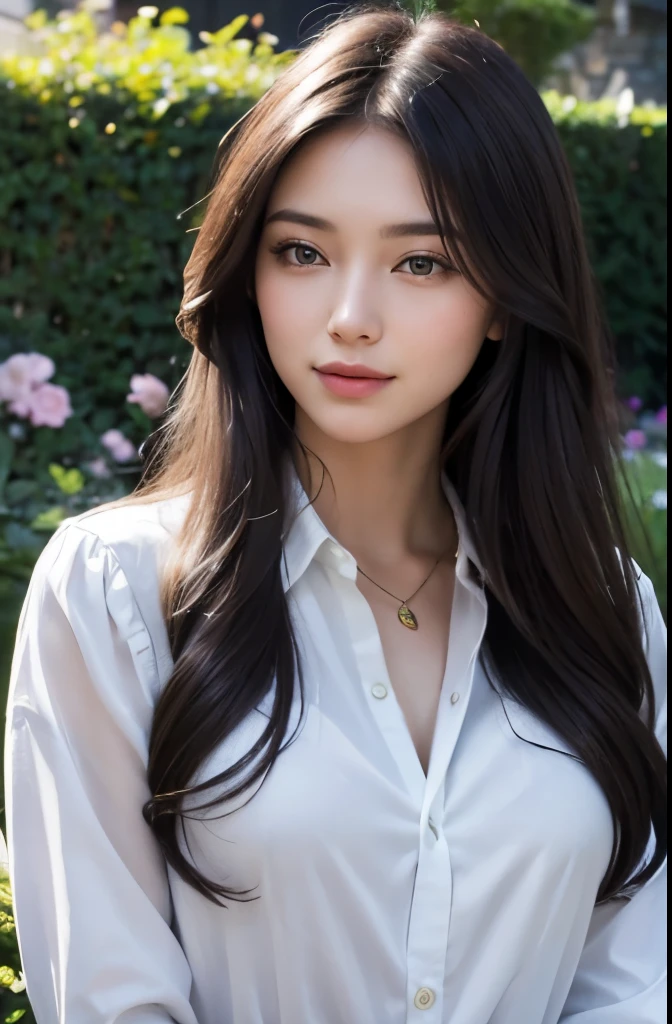 masterpiece,Digital SLR photography,Analog Style,Nikon D5,Actual photo,20 year old beautiful woman photo,Dramatic lighting (85mm),Blooming garden in the background,(Detailed facial features),(Fine and shiny eyes),Dynamic Angle,Michelangelo Style,Long Hair,White button-up shirt,smile:1.4,