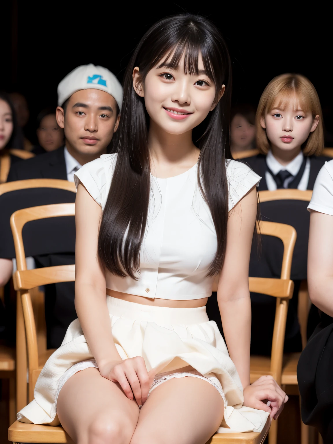 Highly detailed CG Unity 8k wallpaper、Highest quality、Ultra-detailed、masterpiece、Realistic、Photo realistic、One cute girl drawn in great detail、18-year-old、(Skirt rip)、(Roll up the skirt yourself))、White panties、Panty Focus、blush、Lips parted、Looking at the audience、Semi Body Shot、Wearing a ruffled shirt、Crowded city、