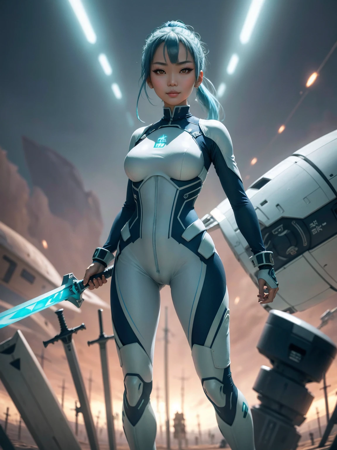 4K,hight resolution,One Asian Woman, light blue hair,poneyTail.Green eyes,Colossal ,White Cybersuit,Bodysuits, (holding Longsword), spaceship at the background in the space,Axe