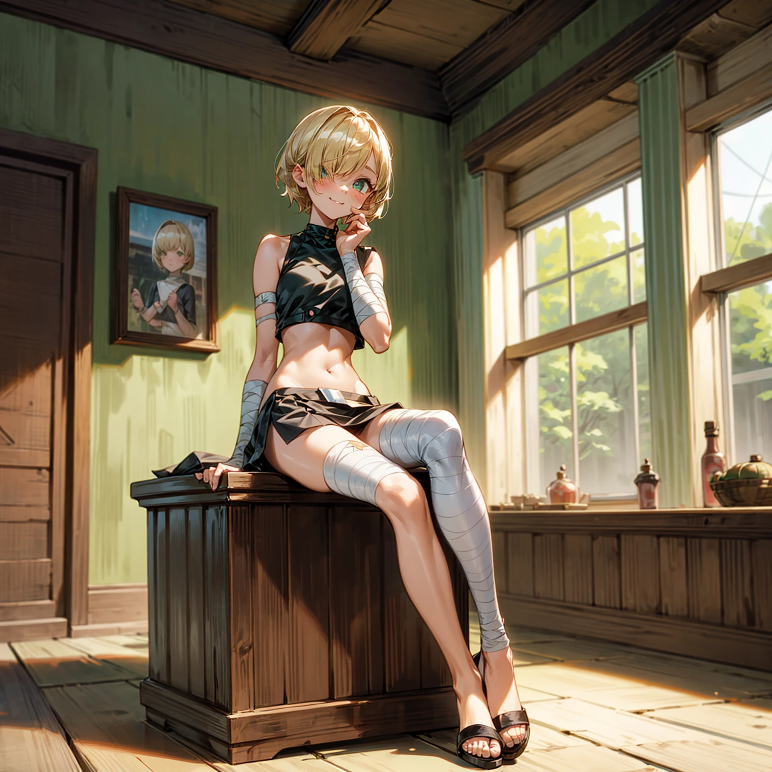 Solo character, full body version, baby kid girl, blonde hair, short haircut, one eye covered by hair, green eyes, cute face, sad eyes, smile mouth, black crop top, long white skirt sexy, bandage around the neck, bandage on the hand, sandals, indoor room bar, 