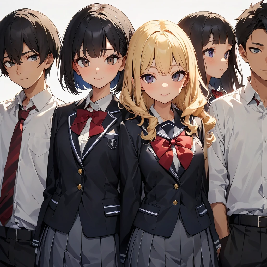 (highest quality:1.2, Very detailed, up to date, Vibrant, Ultra-high resolution, High Contrast, masterpiece:1.2, highest quality, Best aesthetics), anime, whole body, multiple people、(two girls and 1 boy:1.5), (two girls are standing on either side of the boy:1.2), they are 20-years-old, wearing high-school uniform, (one girl on the left ((Japanese, 20-years-old, Narrow space between the eyes, Big slant eyes, tsurime, Small Nose, gold hair, Medium long wavy hair:1, very tall, medium Breasts, sexy, slim, school uniform) and one boy in center (Japanese, 20-years-old, tall, slim, male,black hair,brown eyes) and one girl on the right (Japanese, 20-years-old, Narrow space between the eyes, Big slant eyes, Small Nose, black Hair, short cut, bob cut, medium Breasts, slim, school uniform)), (No background:1.4), ((Plain white background:1.3)), standing side by side apart, look at viewer