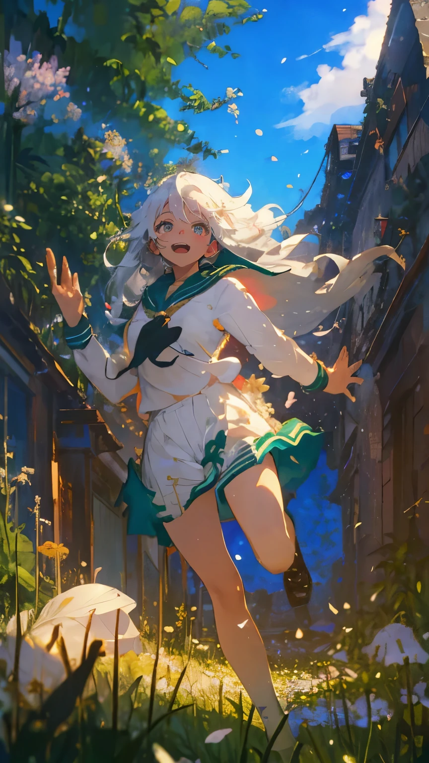 (Mastepiece), (Best Quality), Very detailed, 1 girl, (Solo Shooting:1.4), Perfect Face, beautiful girl, Very detailedな顔，(Long white hair:1.5)，(Green Eyes:1.4)，(Sailor suit:1.4)、(Lots of butterflies々:1.2)、bird、(Abandoned City、Plants、Flower Field:1.4)、(Lots of petals:1.3)、Fairy、mysterious、Fantasy、beautiful、beautiful、(Close your eyes and laugh:1.3)、(A big smile:1.4)、jump