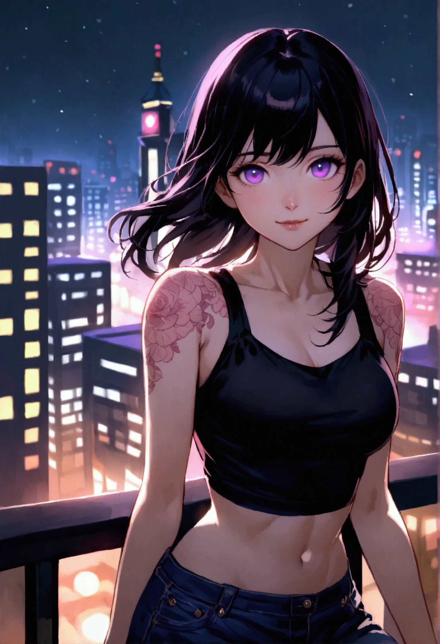 A realistic anime-style girl standing on a balcony at night in a cityscape. She has shoulder-length black hair with pink highlights and purple eyes, and she is wearing a black crop top and short denim shorts. The girl has intricate pink tattoos on her shoulder, upper chest, and lower abdomen. She has a light smile and is leaning casually against the balcony railing, with the city lights blurred in the background.