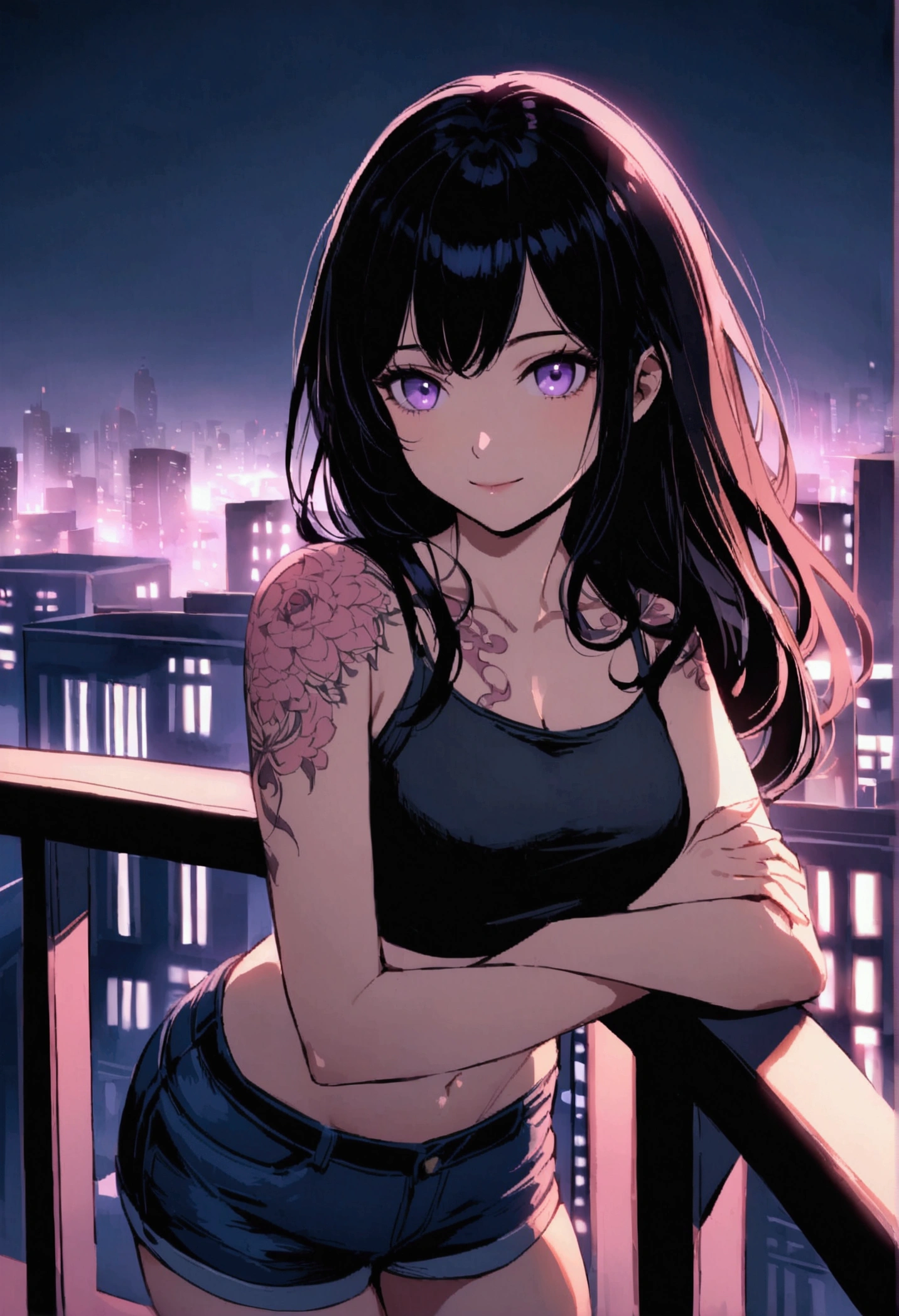 A realistic anime-style girl standing on a balcony at night in a cityscape. She has shoulder-length black hair with pink highlights and purple eyes, and she is wearing a black crop top and short denim shorts. The girl has intricate pink tattoos on her shoulder, upper chest, and lower abdomen. She has a light smile and is leaning casually against the balcony railing, with the city lights blurred in the background.