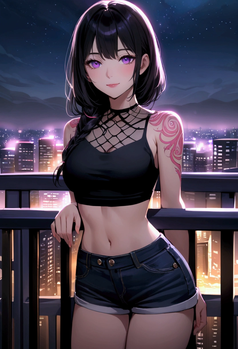 A realistic anime-style girl standing on a balcony at night in a cityscape. She has shoulder-length black hair with pink highlights and purple eyes, and she is wearing a black crop top and short denim shorts. The girl has intricate pink tattoos on her shoulder, upper chest, and lower abdomen. She has a light smile and is leaning casually against the balcony railing, with the city lights blurred in the background.