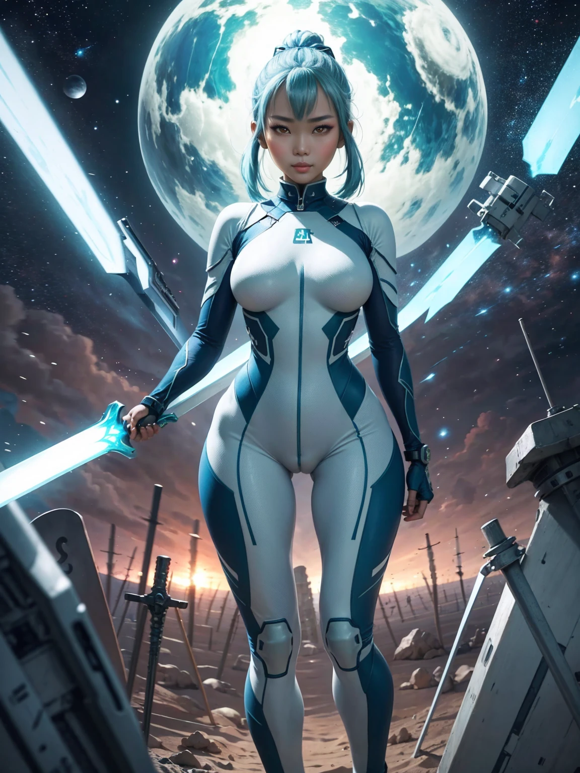 4K,hight resolution,One Asian Woman, light blue hair,poneyTail.Green eyes,Colossal ,White Cybersuit,Bodysuits, (holding Longsword), spaceship at the background in the space,Axe
