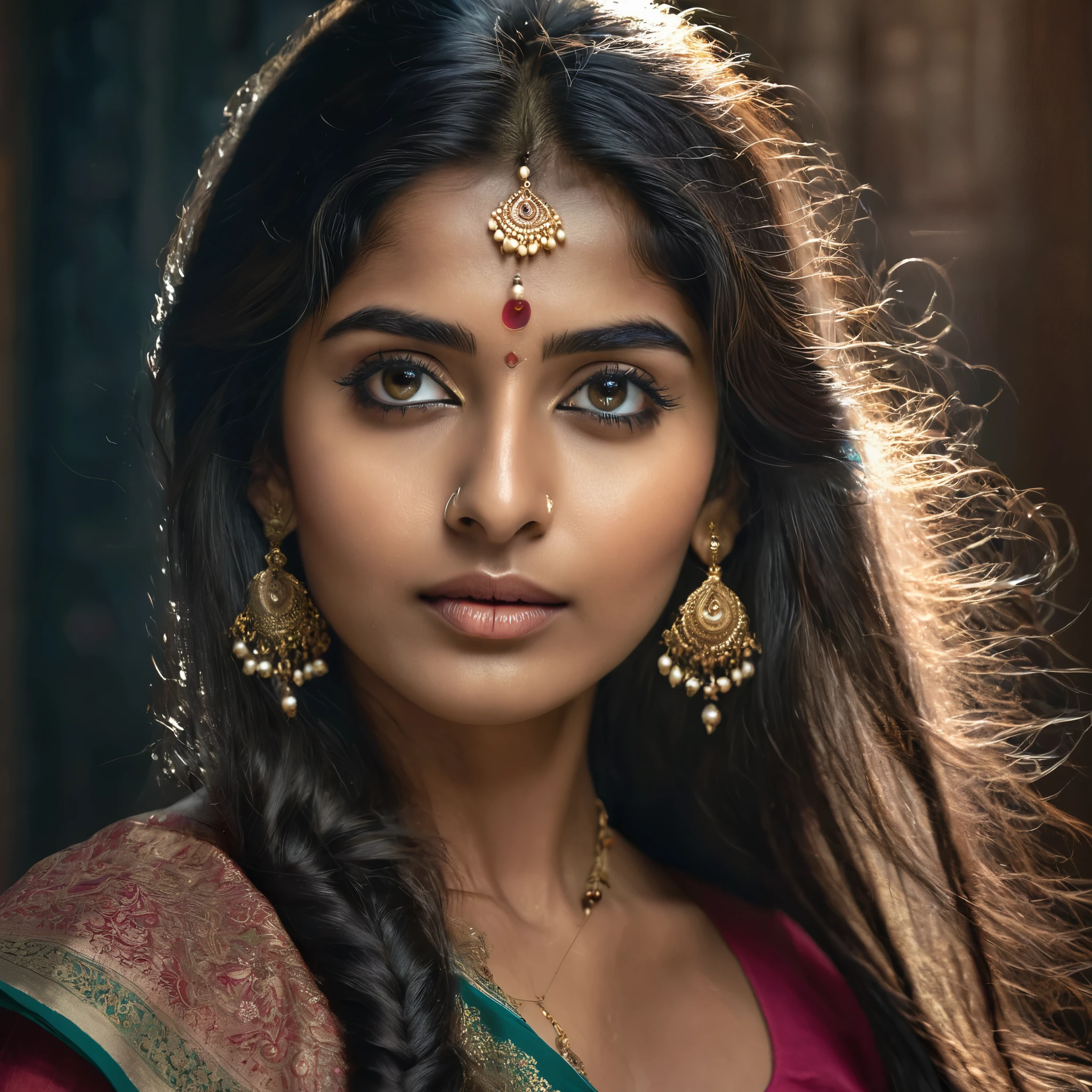 a beautiful mysterious indian woman, intricate detailed face, piercing eyes, long eyelashes, delicate skin, natural beauty, flowing hair, candid elegant pose, dramatic lighting, cinematic mood, muted color palette, chiaroscuro lighting, high quality, photorealistic, 8k, intricate details, professional rendering