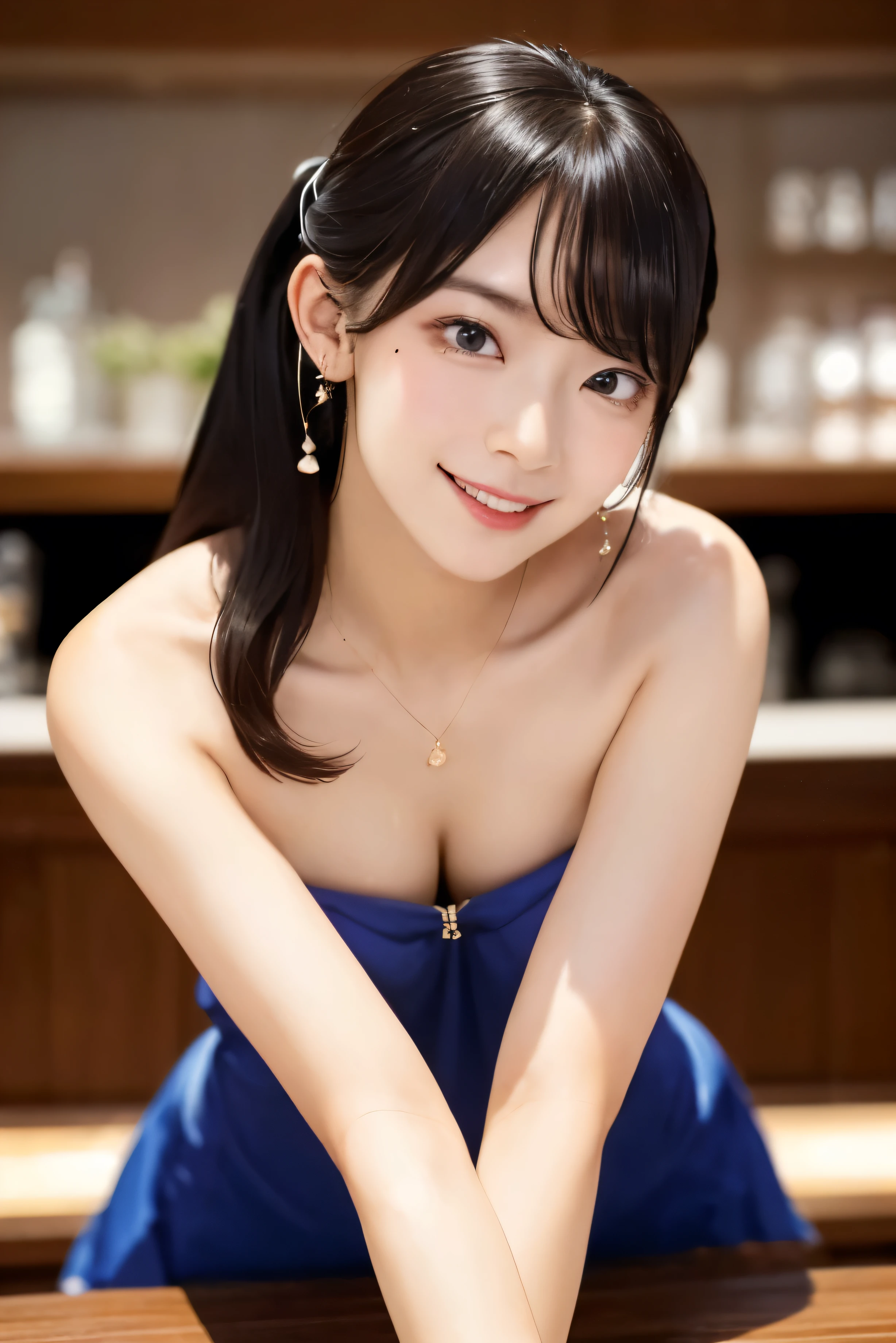((Medium Long Hair:1.3)), ((straight legs:1.3)),(Mole under the corner of the right eye:1),8k, Tabletop, RAW Photos, Highest quality, Very detailed CG Unity 8k wallpaper, Written boundary depth, Natural light, Lens flare, Ray Tracing, (Very beautiful face, Beautiful Lips, Beautiful Eyes), Exquisitely detailed face, ((Very detailedな肌)) One Girl, Cute Korean Girl, K-POPアイドル, ((1 girl)), (Very slim and slender fit muscular body:1.3), ((The whole body is facing upwards:1.3)),(A shy smile:1.3), Clear Eyes, (Pale skin), (Big eyes),(Black Hair),Very slim, Mid-chest, In front of eyebrows, Thick thighs,Highest quality, Highest quality, 16K, Unbelievably absurd, Very detailed, 2.5D, delicate and dynamic, Confetti、 flag, Very delicate look, Delicate eye depiction, Very Fine Hair,erotic, Sexy woman, Healthy body shape, Cheerleader、Sexy long legs, Glowing Skin, , ((Lounge、bar counter、dress、night))、Stick your butt out、Tie up your hair、BIG ASS、Shyness、Top view、Emphasize the chest、Sweat