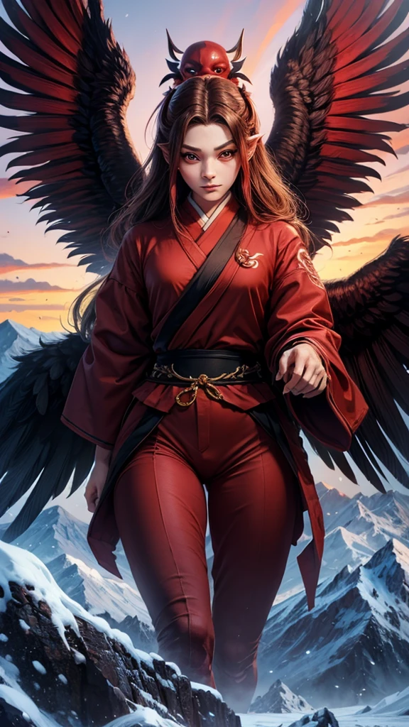 Red face and long nose、Tengu with wings、Living deep in the mountains, accurate, masterpiece, Anatomically correct, Anime Style, 