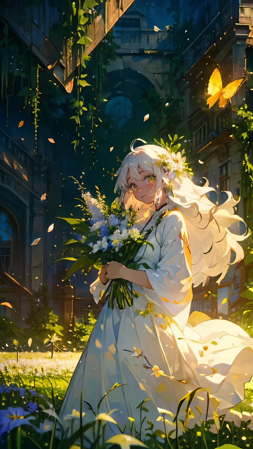 (Mastepiece), (Best Quality), Very detailed, 1 girl, (Solo Shooting:1.4), Perfect Face, beautiful girl, Very detailedな顔，(Long white hair:1.5)，(Green Eyes:1.4)，(White long dress:1.4)、(Lots of butterflies々:1.2)、bird、(Abandoned City、Plants、Flower Field:1.4)、(Lots of petals:1.3)、Fairy、mysterious、Fantasy、beautiful、beautiful、(Close your eyes and laugh:1.3)、(A big smile:1.4)、jump