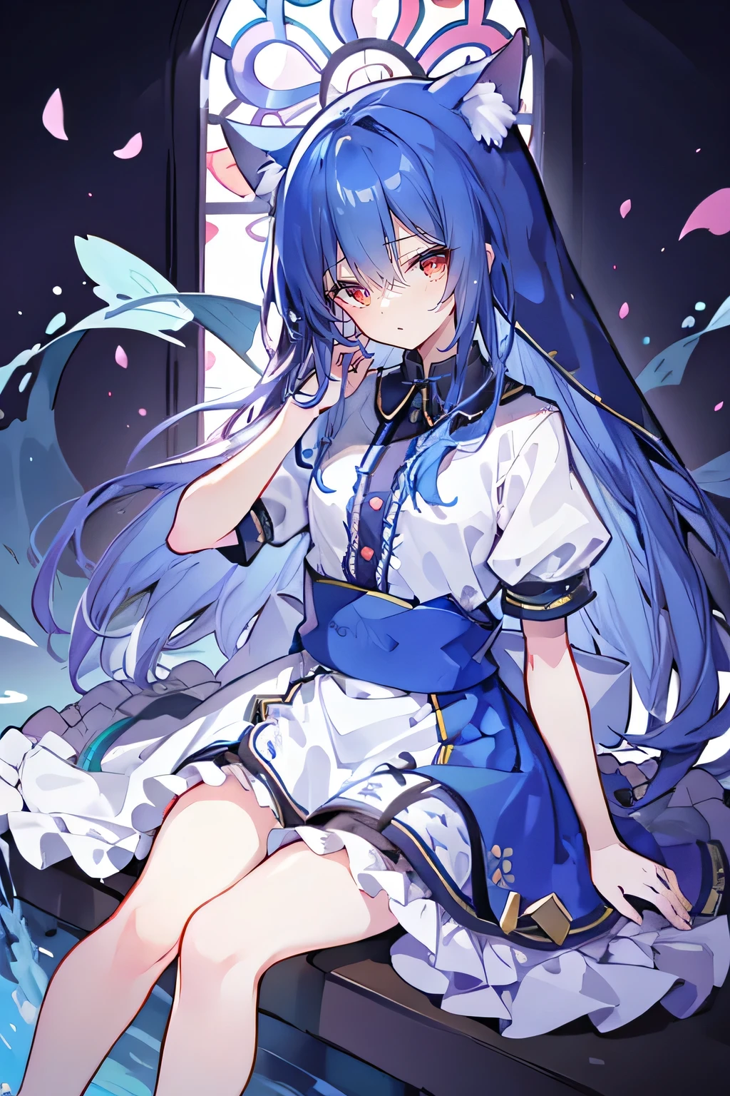(masterpiece:1.2),Extremely detailed,Practical,expressive eyes,Fair skin,Perfect face shaping,1 Girl,
Japanese cartoons,Gorgeous blue hair, the long flowing blue hair,Floating clothes,Cat ears,Petals fall,beautiful lola,Young Angel,
Place your hands on your waist,sit elegantly on the ground,Cross your legs,Gentle and peaceful background,church,nun,Place your hand on your lips,Shy face。