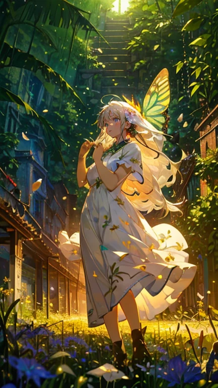 (Mastepiece), (Best Quality), Very detailed, 1 girl, (Full body solo shot:1.4), Perfect Face, beautiful girl, Very detailedな顔,(Long white hair:1.5),(Green Eyes:1.4),(White long dress:1.4)、(Lots of butterflies々:1.2)、bird、(Abandoned City、Plants、Flower Field:1.4)、(Lots of petals:1.3)、Fairy、mysterious、Fantasy、beautiful、beautiful、(Close your eyes and laugh:1.3)、(A big smile:1.4)、Dance