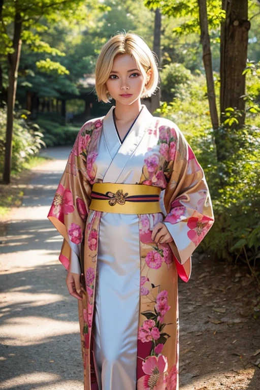 Young lady, with short blonde hair. Wearing a nice but sexy kimono. Standing at middle of forest. Aftrenoon vibes. 