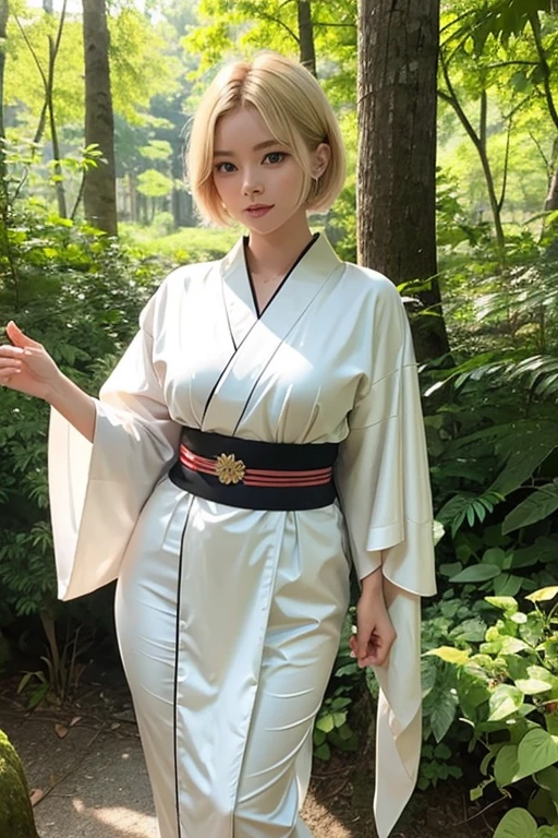 Young lady, with short blonde hair. Wearing a nice but sexy kimono. Standing at middle of forest. Aftrenoon vibes.