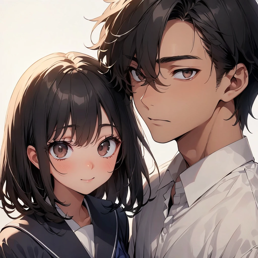 (highest quality:1.2, Very detailed, up to date, Vibrant, Ultra-high resolution, High Contrast, masterpiece:1.2, highest quality, Best aesthetics), anime, whole body, multiple people、(two girls and 1 boy:1.5), (two girls are standing on either side of the boy:1.2), they are 20-years-old, wearing high-school uniform, (one girl on the left ((Japanese, 20-years-old, Narrow space between the eyes, Big slant eyes, tsurime:1, Small Nose, gold hair, Medium long wavy hair:1, very tall:1, medium Breasts, sexy, slim, school uniform) and one boy in center (Japanese, 20-years-old, tall, slim, male,black hair,brown eyes) and one girl on the right (Japanese, 20-years-old, Narrow space between the eyes, Big slant eyes, Small Nose, black Hair, short cut, bob cut, medium Breasts, slim, school uniform)), (No background:1.4), ((Plain white background:1.3)), standing side by side apart, look at viewer