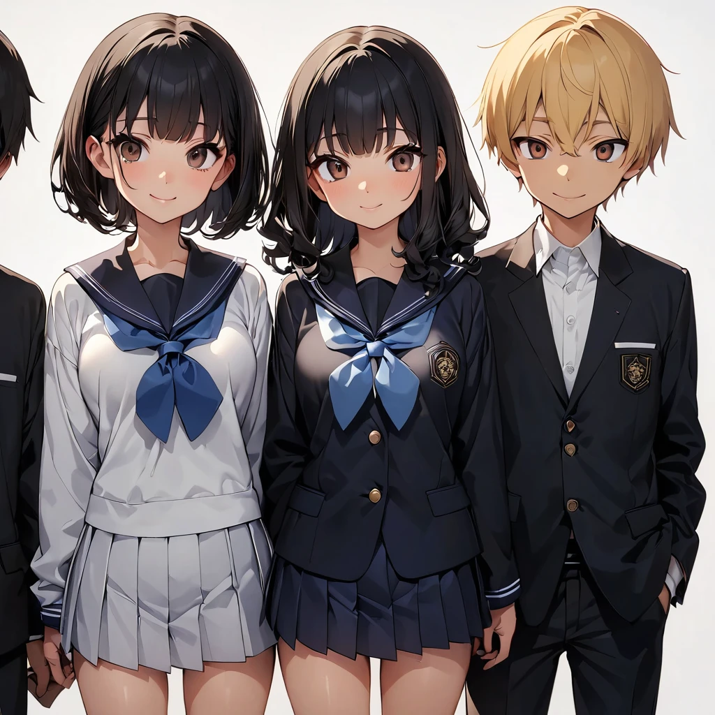 (highest quality:1.2, Very detailed, up to date, Vibrant, Ultra-high resolution, High Contrast, masterpiece:1.2, highest quality, Best aesthetics), anime, whole body, multiple people、(two girls and 1 boy:1.5), (two girls are standing on either side of the boy:1.2), they are 20-years-old, wearing high-school uniform, (one girl on the left ((Japanese, 20-years-old, Narrow space between the eyes, Big slant eyes, tsurime:1, Small Nose, gold hair, Medium long wavy hair:1, very tall:1, medium Breasts, sexy, slim, school uniform) and one boy in center (Japanese, 20-years-old, tall, slim, male,black hair,brown eyes) and one girl on the right (Japanese, 20-years-old, Narrow space between the eyes, Big slant eyes, Small Nose, black Hair, short cut, bob cut, medium Breasts, slim, school uniform)), (No background:1.4), ((Plain white background:1.3)), standing side by side apart, look at viewer