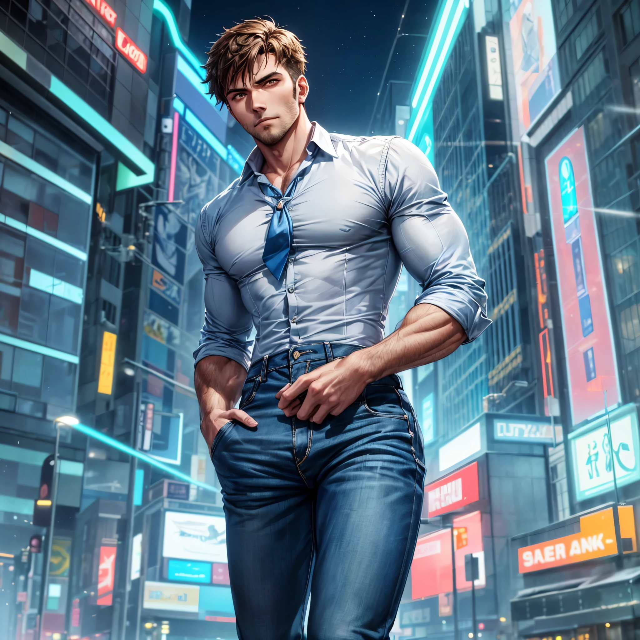 A handsome well-built wheatish skinned man standing straight at a long distance. Detailed face with short hair and a stubble. He is wearing a tight formal shirt with denim pants. Background is a street brightly lit with cyan and red bright and flaring neon concert lights. (high resolution, hyper-detailing), masterpiece, best quality.